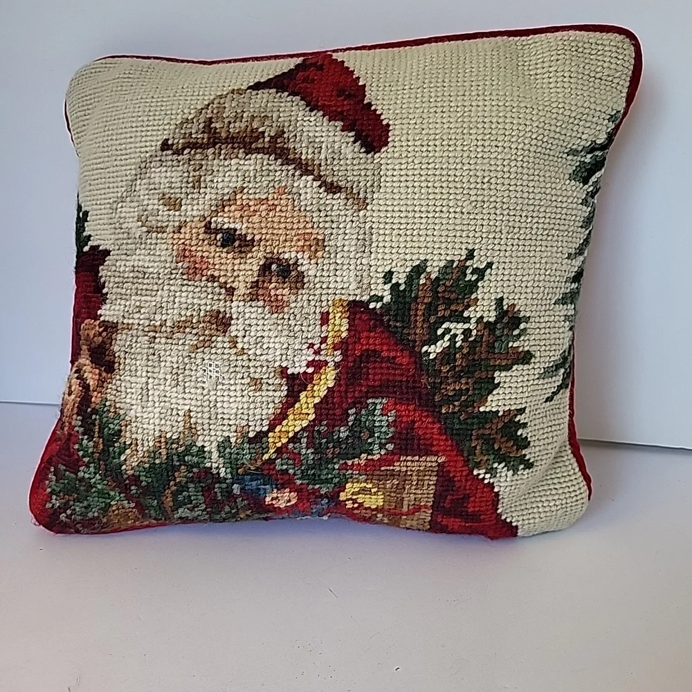 Vintage Holiday Santa Needlepoint Throw Pillow - 10